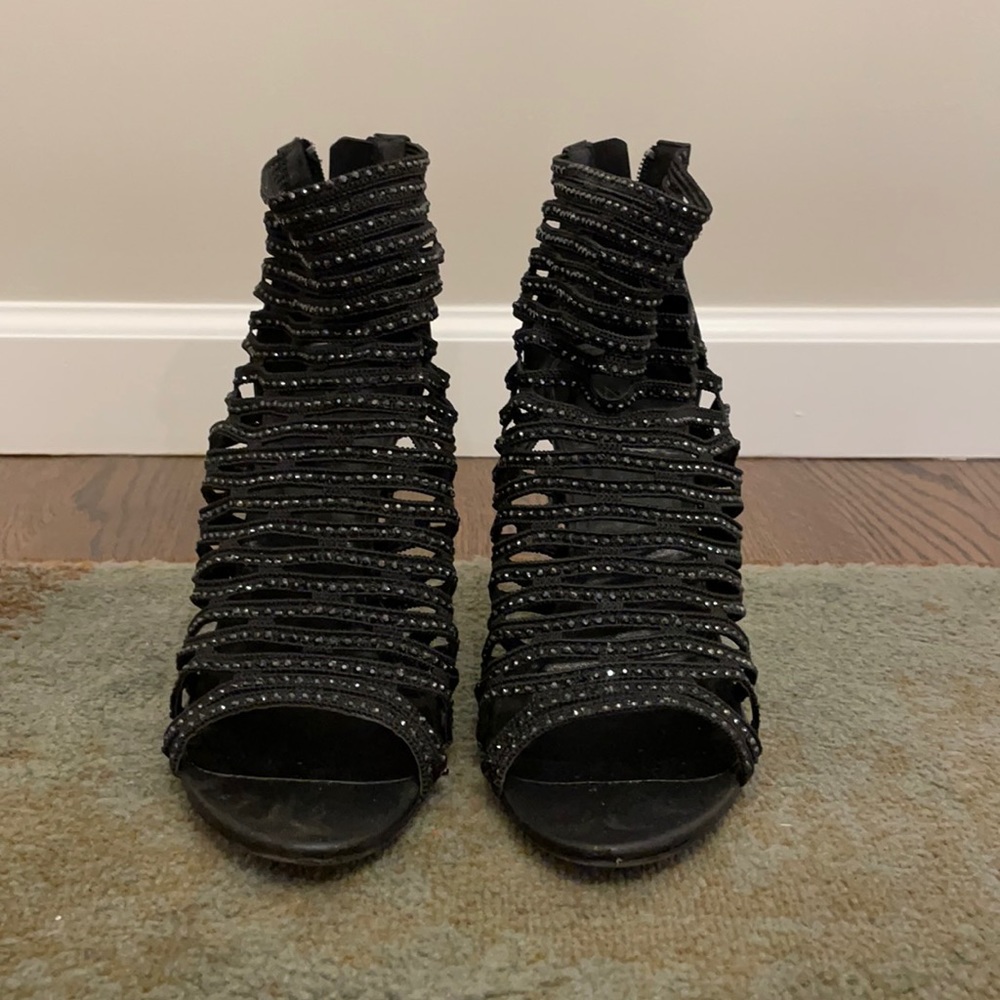 Sparkly black strappy heels